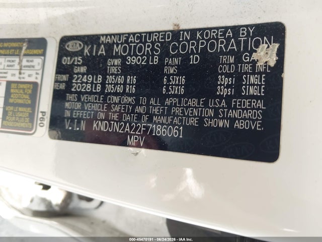 2015 Kia Soul მანქანა იყიდება აუქციონზე, vin: KNDJN2A22F7186061, აუქციონის ნომერი: 45470191