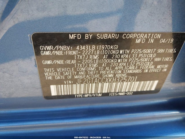 Subaru Crosstrek 2.0i Premium 2019 JF2GTACCXKH325701 Image 9