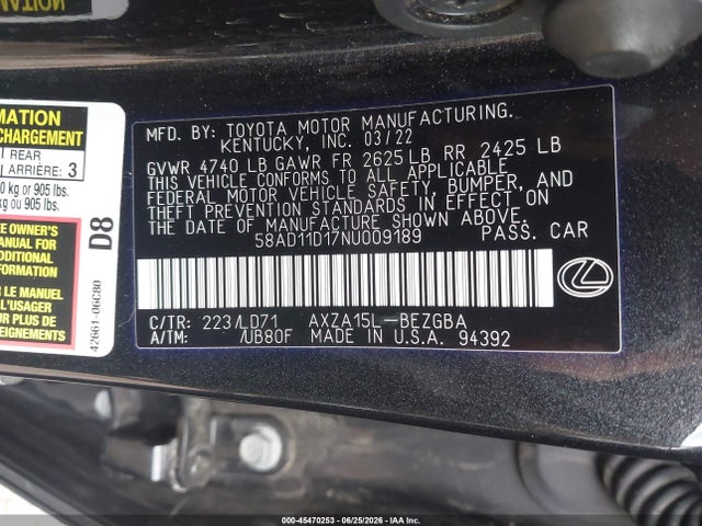 45470253 :رقم المزاد ، 58AD11D17NU009189 vin ، 2022 Lexus Es 250 مزاد بيع