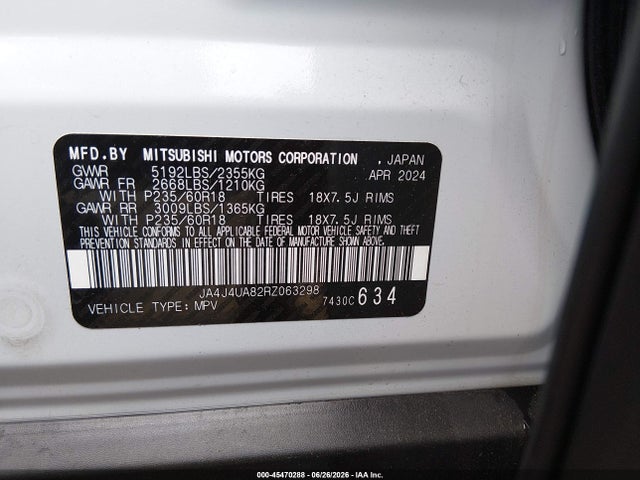 45470288 :رقم المزاد ، JA4J4UA82RZ063298 vin ، 2024 Mitsubishi Outlander Es 2.5 S-awc مزاد بيع