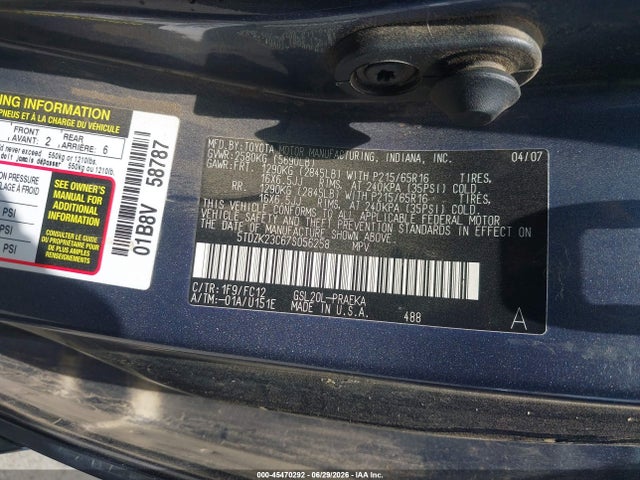 Aukcja sprzedaży 2007 Toyota Sienna Le, vin: 5TDZK23C67S056258, numer aukcji: 45470292
