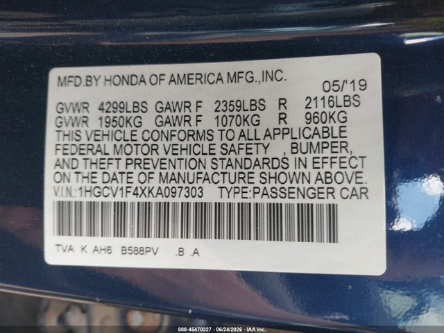 Honda ACCORD EX 2019 1HGCV1F4XKA097303 Image 9