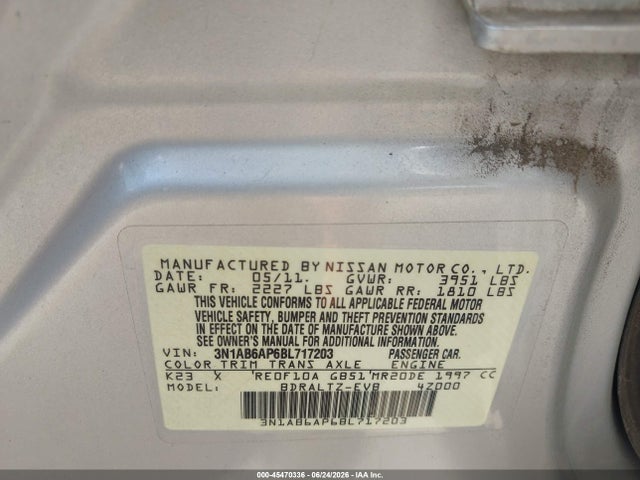 45470336 :رقم المزاد ، 3N1AB6AP6BL717203 vin ، 2011 Nissan Sentra 2.0s مزاد بيع