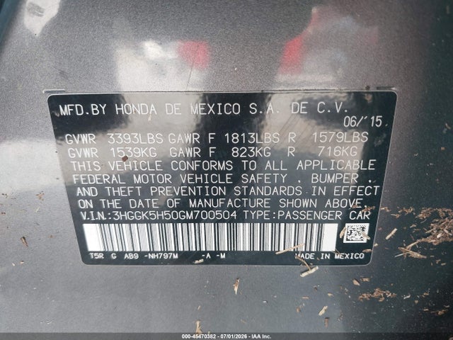 3HGGK5H50GM700504 Honda FIT LX