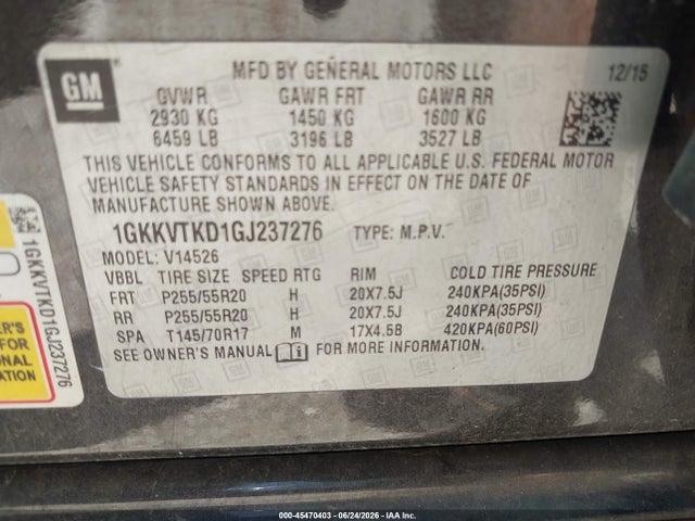 Aukcja sprzedaży 2016 Gmc Acadia Denali, vin: 1GKKVTKD1GJ237276, numer aukcji: 45470403