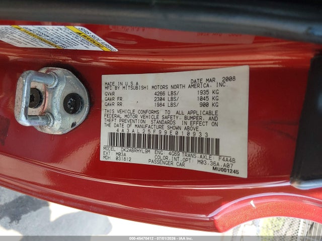 Auction sale of the 2009 Mitsubishi Eclipse Spyder Gs, vin: 4A3AL25F99E010933, lot number: 45470412