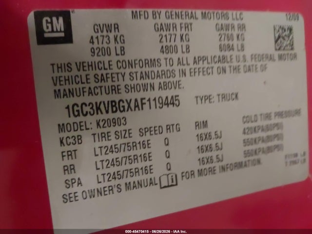 45470415 :رقم المزاد ، 1GC3KVBGXAF119445 vin ، 2010 Chevrolet Silverado 2500hd Work Truck مزاد بيع