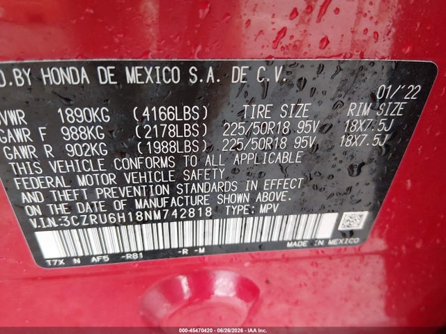 3CZRU6H18NM742818 Honda Hr-v Awd Sport