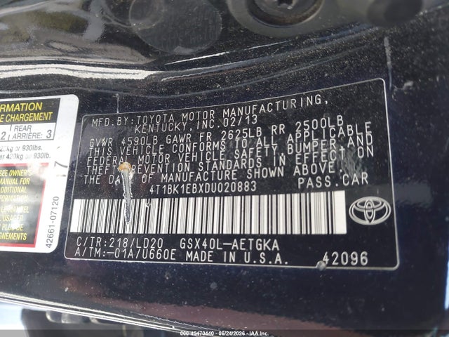 45470440 :رقم المزاد ، 4T1BK1EBXDU020883 vin ، 2013 Toyota Avalon Xle مزاد بيع