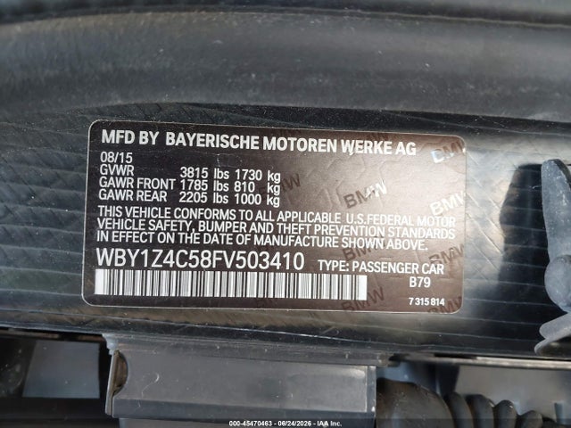 2015 Bmw I3 Base W/range Extender მანქანა იყიდება აუქციონზე, vin: WBY1Z4C58FV503410, აუქციონის ნომერი: 45470463