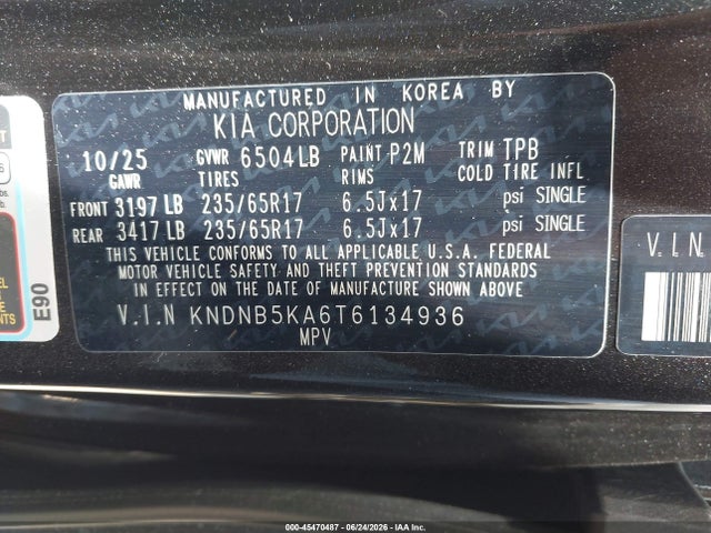45470487 :رقم المزاد ، KNDNB5KA6T6134936 vin ، 2026 Kia Carnival Mpv Hybrid Lxs مزاد بيع