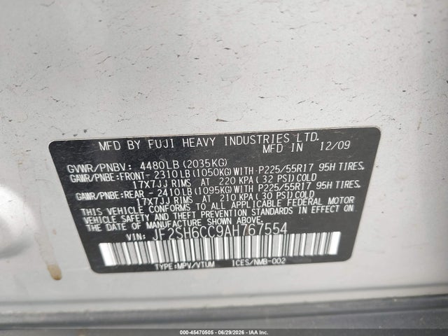 Продаж на аукціоні авто 2010 Subaru Forester 2.5x Premium, vin: JF2SH6CC9AH767554, номер лоту: 45470505