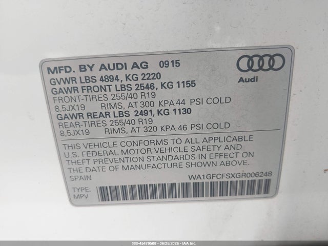 45470508 :رقم المزاد ، WA1GFCFSXGR006248 vin ، 2016 Audi Q3 2.0t Premium Plus مزاد بيع