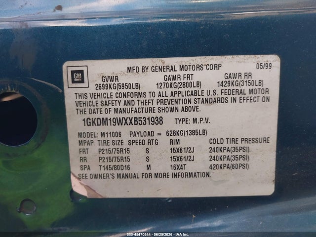 1999 Gmc Safari Passenger Sl მანქანა იყიდება აუქციონზე, vin: 1GKDM19WXXB531938, აუქციონის ნომერი: 45470544