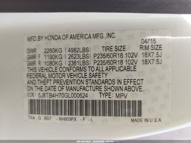 Продаж на аукціоні авто 2016 Acura Rdx Advance Package, vin: 5J8TB4H70GL000624, номер лоту: 45470547