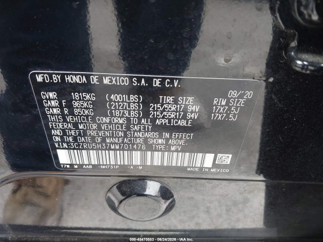 Aukcja sprzedaży 2021 Honda Hr-v 2wd Lx, vin: 3CZRU5H37MM701476, numer aukcji: 45470553