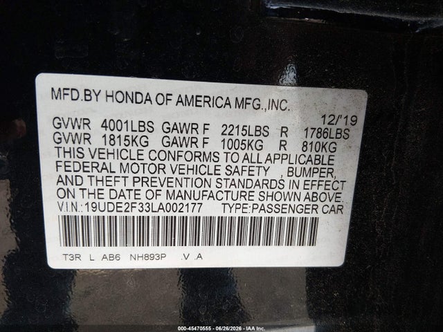 Продаж на аукціоні авто 2020 Acura Ilx Standard, vin: 19UDE2F33LA002177, номер лоту: 45470555