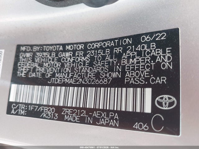 2022 Toyota Corolla Le მანქანა იყიდება აუქციონზე, vin: JTDEPMAE2N3026687, აუქციონის ნომერი: 45470561