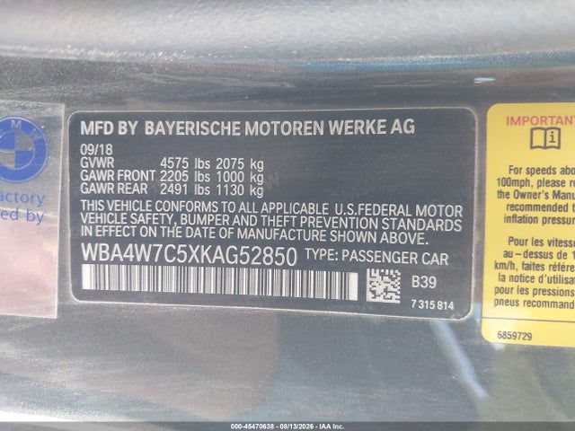 Aukcja sprzedaży 2019 Bmw 440i, vin: WBA4W7C5XKAG52850, numer aukcji: 45470638