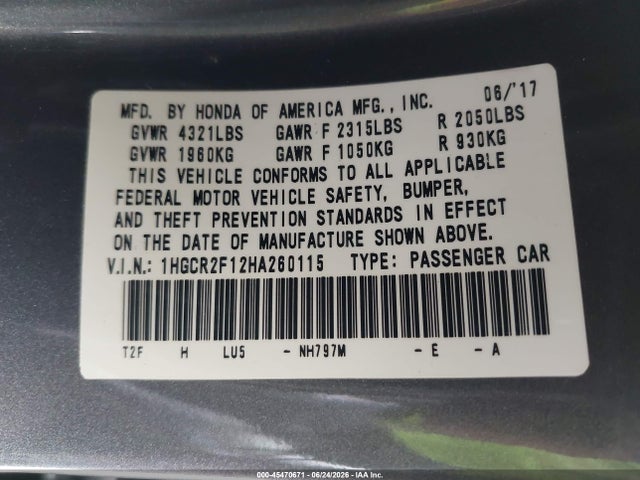 1HGCR2F12HA260115 Honda Accord Sport Se