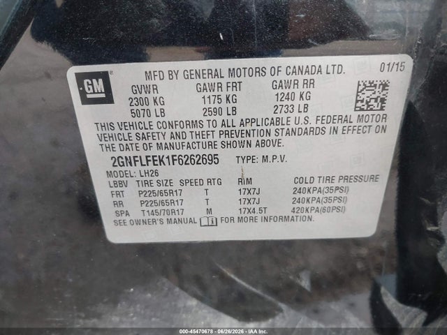 Aukcja sprzedaży 2015 Chevrolet Equinox 1lt, vin: 2GNFLFEK1F6262695, numer aukcji: 45470678