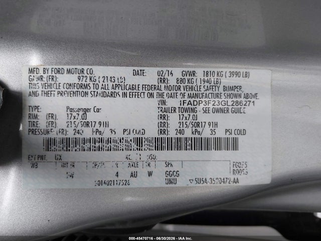 45470716 :رقم المزاد ، 1FADP3F23GL286271 vin ، 2016 Ford Focus Se مزاد بيع