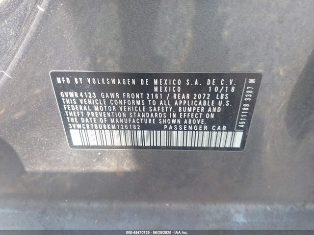 Продажа на аукционе авто 2019 Volkswagen Jetta 1.4t R-line/1.4t S/1.4t Se, vin: 3VWCB7BU6KM126182, номер лота: 45470729
