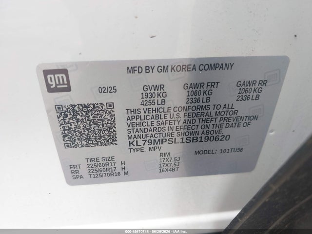 Продаж на аукціоні авто 2025 Chevrolet Trailblazer Fwd Lt, vin: KL79MPSL1SB190620, номер лоту: 45470748