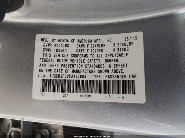 Honda ACCORD LX 2015 1HGCR2F32FA187908 Image 9