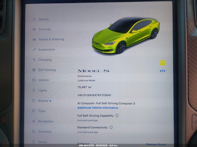 Aukcja sprzedaży 2019 Tesla Model S 100d/long Range/p100d/performance, vin: 5YJSA1E47KF313641, numer aukcji: 45470786