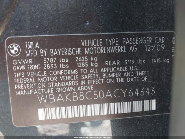 Aukcja sprzedaży 2010 Bmw 750 Li, vin: WBAKB8C50ACY64343, numer aukcji: 45470799
