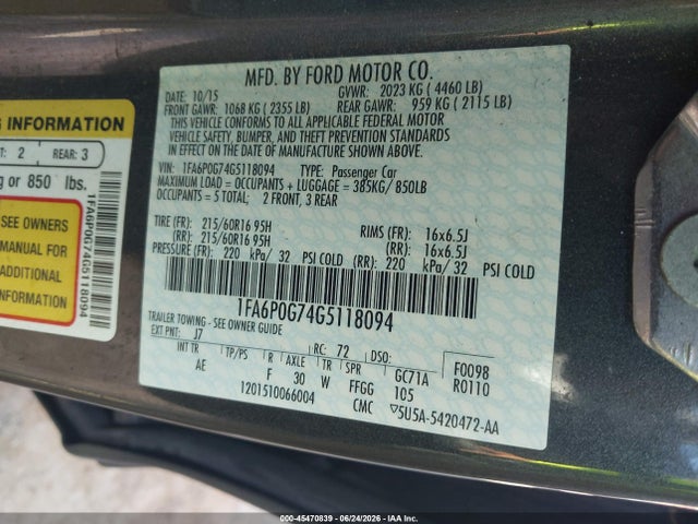 Ford FUSION S 2016 1FA6P0G74G5118094 Image 9
