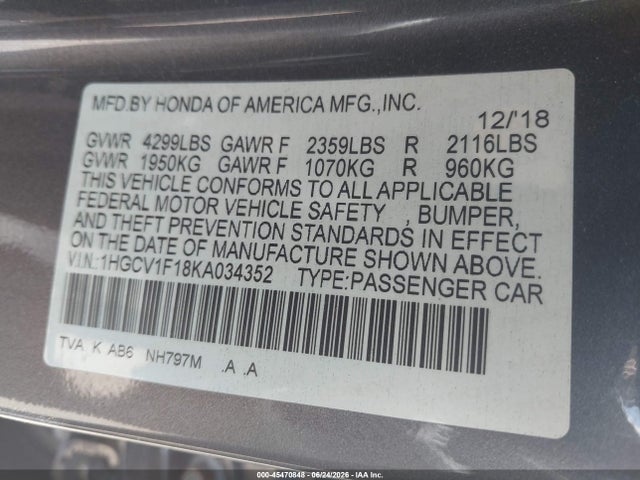 Honda ACCORD LX 2019 1HGCV1F18KA034352 Image 9