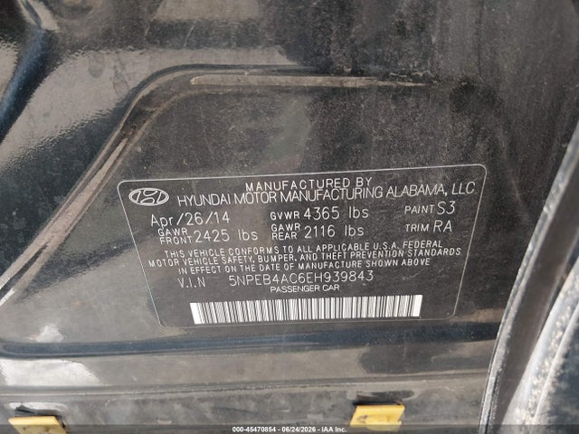 45470854 :رقم المزاد ، 5NPEB4AC6EH939843 vin ، 2014 Hyundai Sonata Gls مزاد بيع