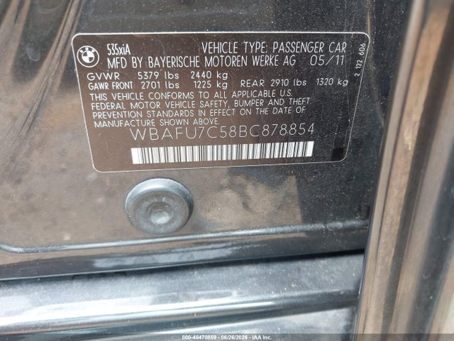 Aukcja sprzedaży 2011 Bmw 535i Xdrive, vin: WBAFU7C58BC878854, numer aukcji: 45470859