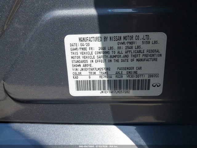 45470868 :رقم المزاد ، JN1EV7AR7LM257282 vin ، 2020 Infiniti Q50 Pure Awd مزاد بيع