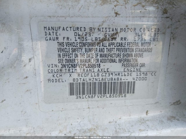 45470872 :رقم المزاد ، 3N1CN8FV2PL850518 vin ، 2023 Nissan Versa 1.6 Sr Xtronic Cvt مزاد بيع