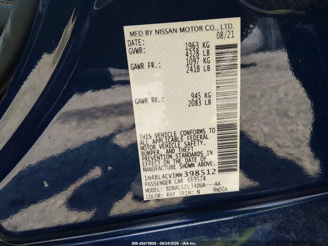 Aukcja sprzedaży 2021 Nissan Altima Sr Fwd, vin: 1N4BL4CV1MN398512, numer aukcji: 45470905