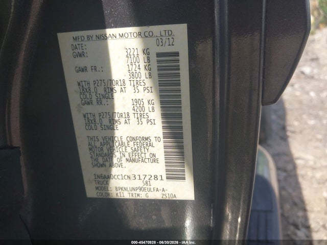 2012 Nissan Titan Pro-4x მანქანა იყიდება აუქციონზე, vin: 1N6AA0CC1CN317281, აუქციონის ნომერი: 45470928