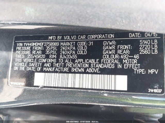 Aukcja sprzedaży 2015 Volvo Xc60 T6 Platinum, vin: YV449MDM0F2758989, numer aukcji: 45470952