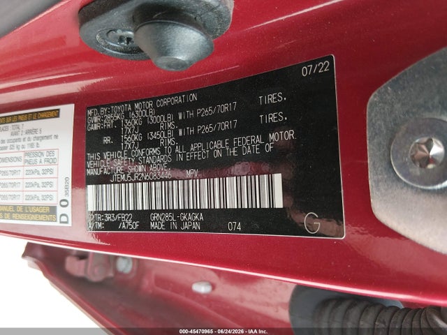2022 Toyota 4runner Sr5 მანქანა იყიდება აუქციონზე, vin: JTEMU5JR2N6083446, აუქციონის ნომერი: 45470965