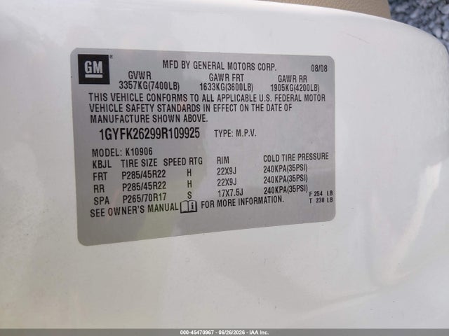45470967 :رقم المزاد ، 1GYFK26299R109925 vin ، 2009 Cadillac Escalade Esv Standard مزاد بيع