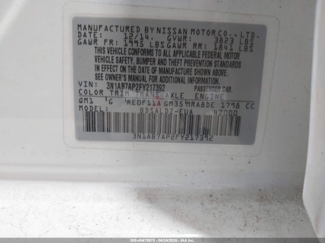 Aukcja sprzedaży 2015 Nissan Sentra Fe+ S/s/sl/sr/sv, vin: 3N1AB7AP2FY217392, numer aukcji: 45470975