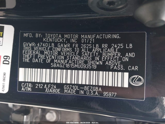 Продаж на аукціоні авто 2021 Lexus Es 350 F Sport, vin: 58AGZ1B15MU093519, номер лоту: 45470998