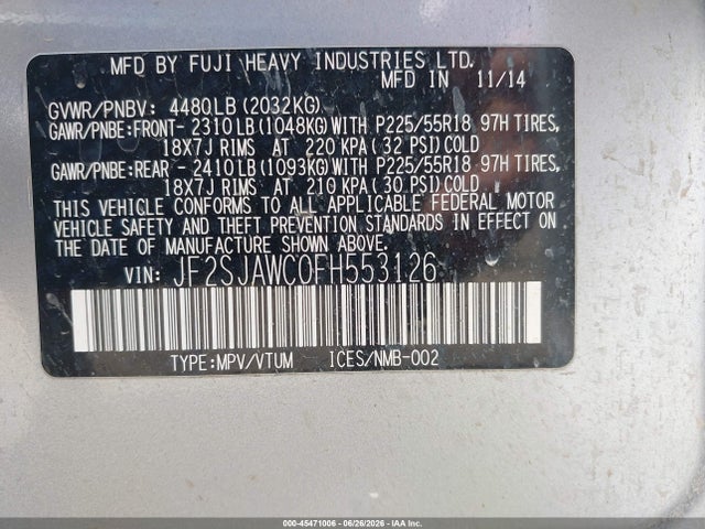 45471006 :رقم المزاد ، JF2SJAWC0FH553126 vin ، 2015 Subaru Forester 2.5i Touring مزاد بيع