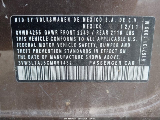 Aukcja sprzedaży 2012 Volkswagen Jetta 2.0l Tdi, vin: 3VW3L7AJ5CM091432, numer aukcji: 45471031