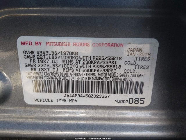 45471037 :رقم المزاد ، JA4AP3AW5GZ023357 vin ، 2016 Mitsubishi Outlander Sport 2.4 Es مزاد بيع