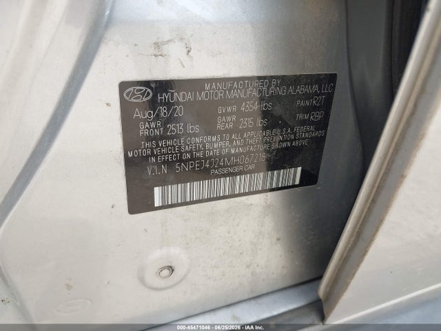 45471046 :رقم المزاد ، 5NPEJ4J24MH067218 vin ، 2021 Hyundai Sonata Sel Plus مزاد بيع