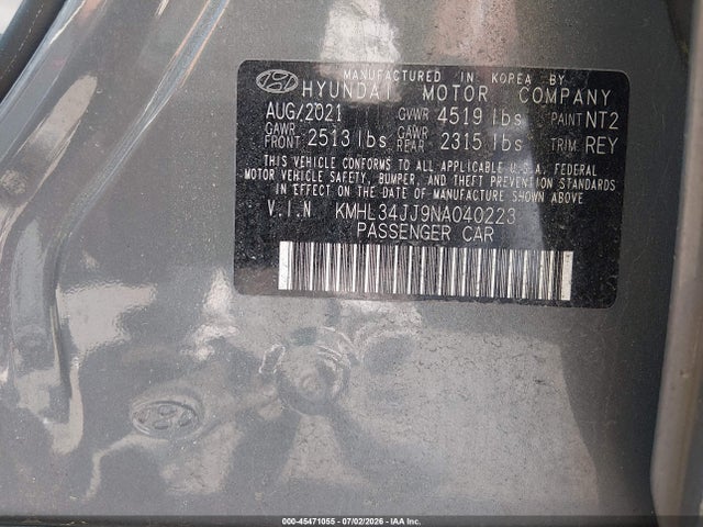 Aukcja sprzedaży 2022 Hyundai Sonata Hybrid Sel, vin: KMHL34JJ9NA040223, numer aukcji: 45471055