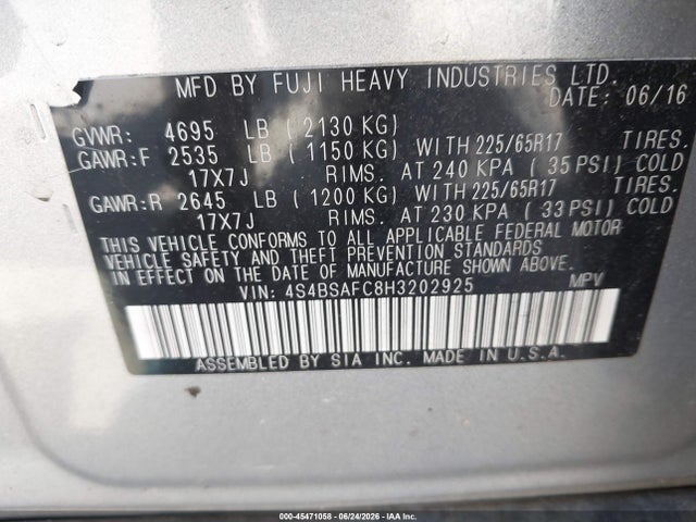 Subaru Outback 2.5i Premium 2017 4S4BSAFC8H3202925 Image 9